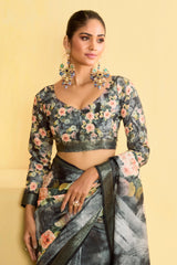 Grey Tussar Silk Floral Print Saree