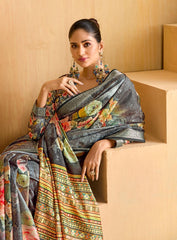 Grey Tussar Silk Floral Print Saree