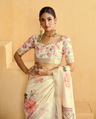 Cream Tussar Silk Floral Print Saree
