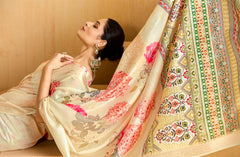 Cream Tussar Silk Floral Print Saree