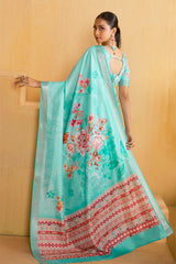 Fountain Blue Tussar Silk Floral Print Saree