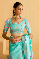 Fountain Blue Tussar Silk Floral Print Saree