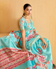 Fountain Blue Tussar Silk Floral Print Saree