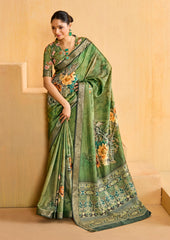 Khaki Green Tussar Silk Floral Print Saree