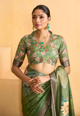Khaki Green Tussar Silk Floral Print Saree