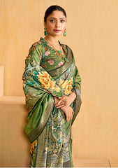 Khaki Green Tussar Silk Floral Print Saree