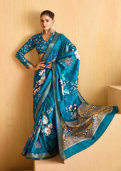 Regal Blue Tussar Silk Floral Print Saree