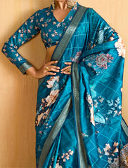 Regal Blue Tussar Silk Floral Print Saree