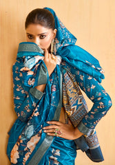 Regal Blue Tussar Silk Floral Print Saree