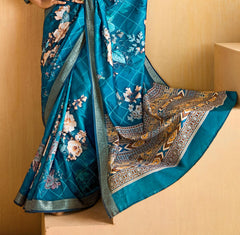 Regal Blue Tussar Silk Floral Print Saree