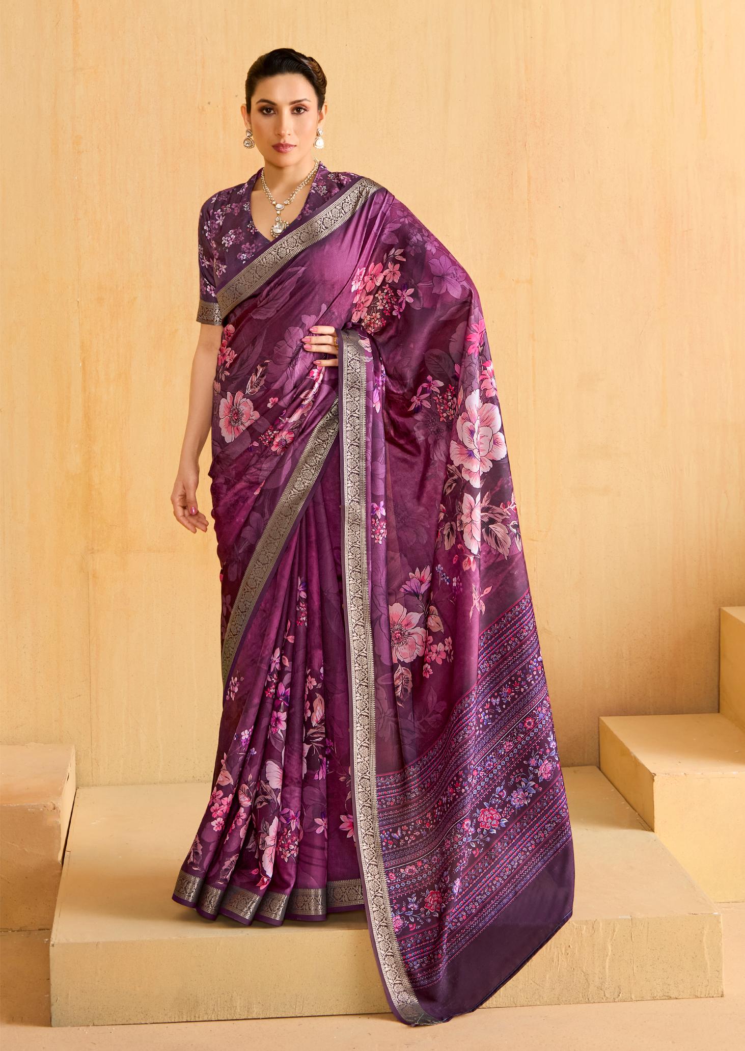 Velvet Maroon Tussar Silk Floral Print Saree