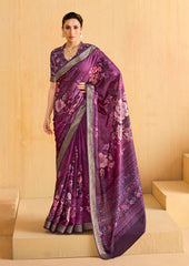 Velvet Maroon Tussar Silk Floral Print Saree