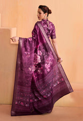 Velvet Maroon Tussar Silk Floral Print Saree