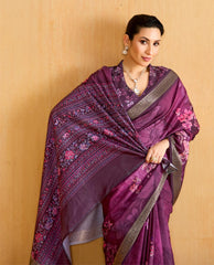 Velvet Maroon Tussar Silk Floral Print Saree