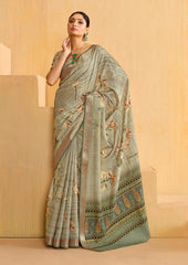 Grey Olive Tussar Silk Floral Print Saree