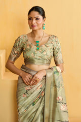 Grey Olive Tussar Silk Floral Print Saree