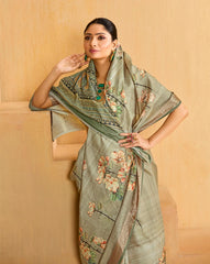 Grey Olive Tussar Silk Floral Print Saree