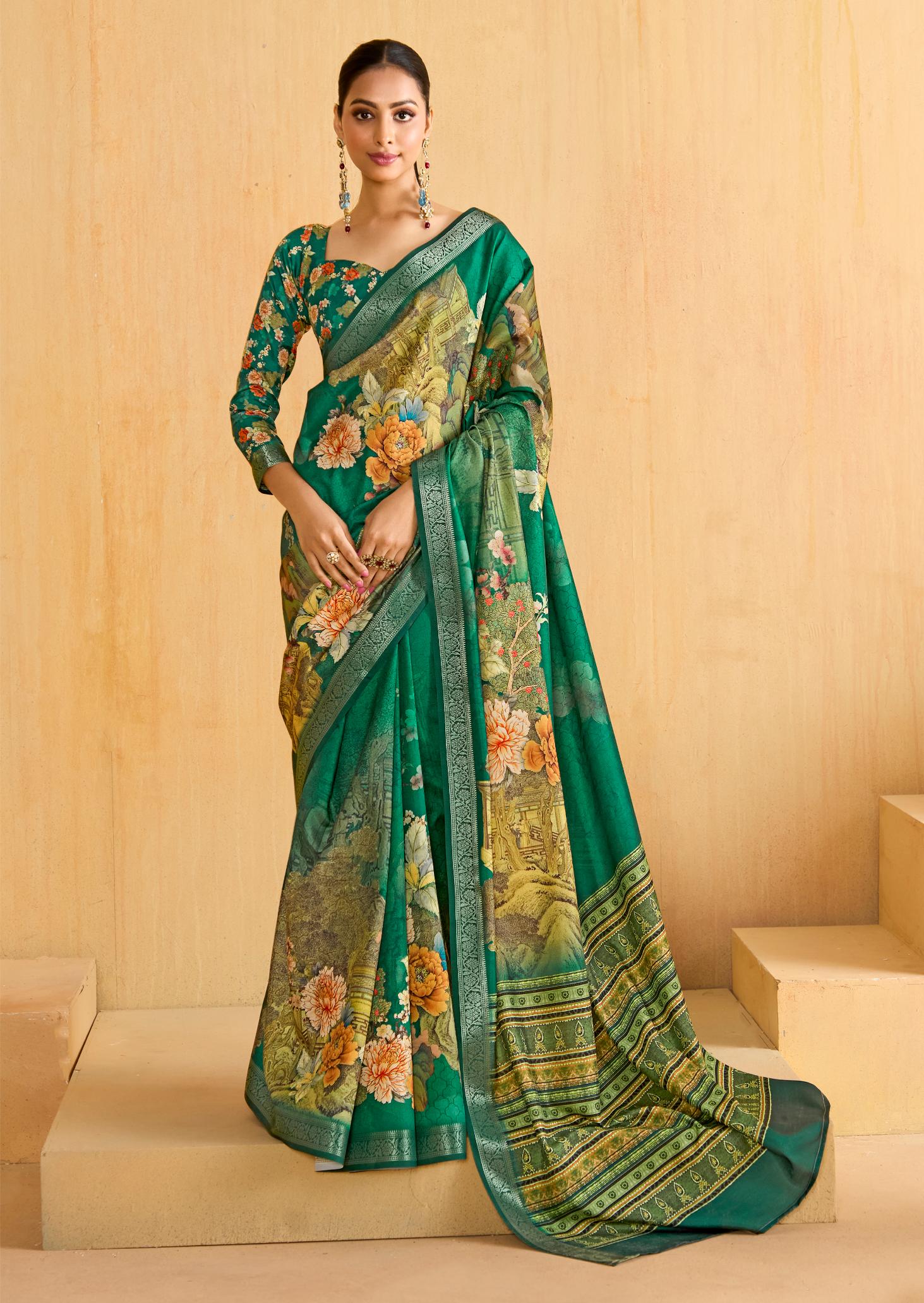 Teal Green Tussar Silk Floral Print Saree