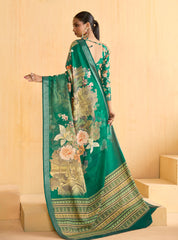 Teal Green Tussar Silk Floral Print Saree