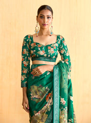 Teal Green Tussar Silk Floral Print Saree