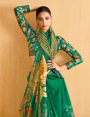 Teal Green Tussar Silk Floral Print Saree