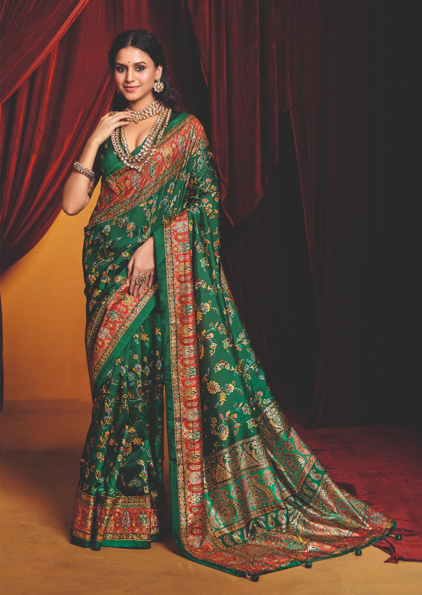 Dark Green Tussar Silk Paisley Print Saree