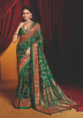 Dark Green Tussar Silk Paisley Print Saree