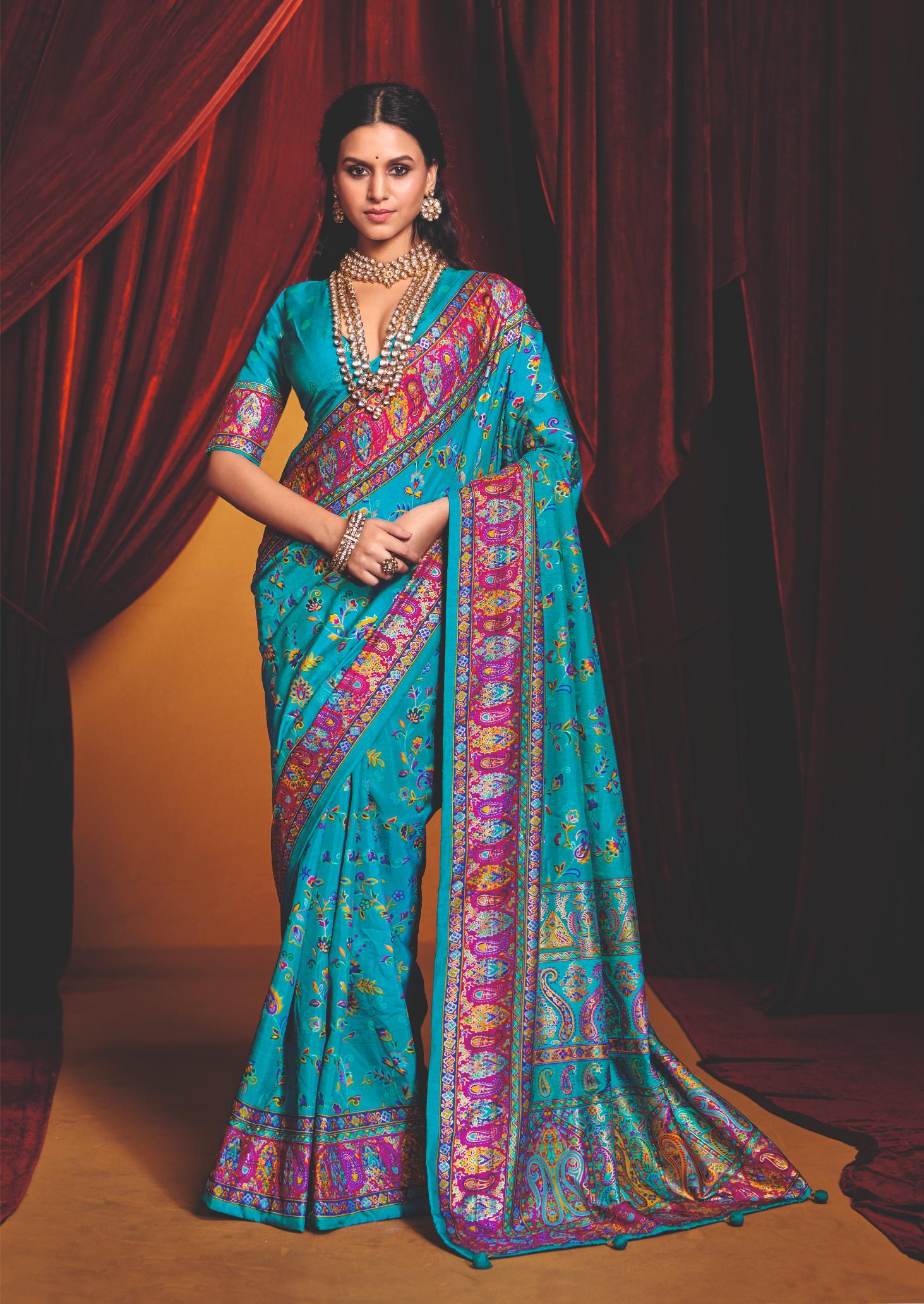 Sky Blue Tussar Silk Paisley Print Saree