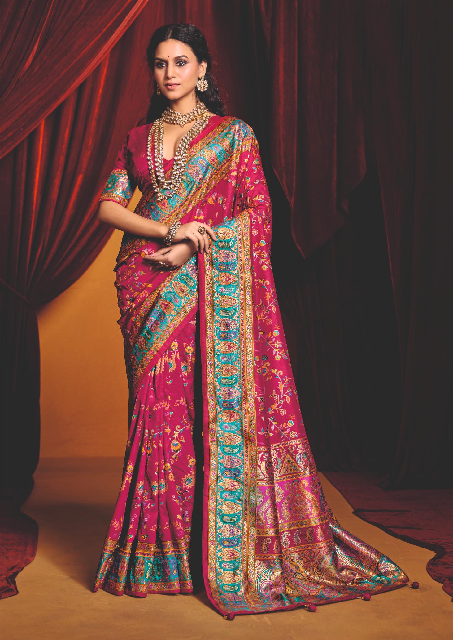 Bright Pink Tussar Silk Paisley Print Saree