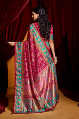 Bright Pink Tussar Silk Paisley Print Saree