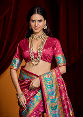 Bright Pink Tussar Silk Paisley Print Saree