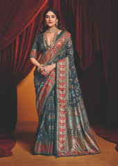 Charcoal Grey Tussar Silk Paisley Print Saree