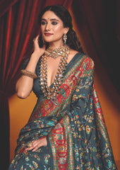 Charcoal Grey Tussar Silk Paisley Print Saree