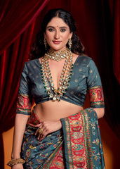 Charcoal Grey Tussar Silk Paisley Print Saree