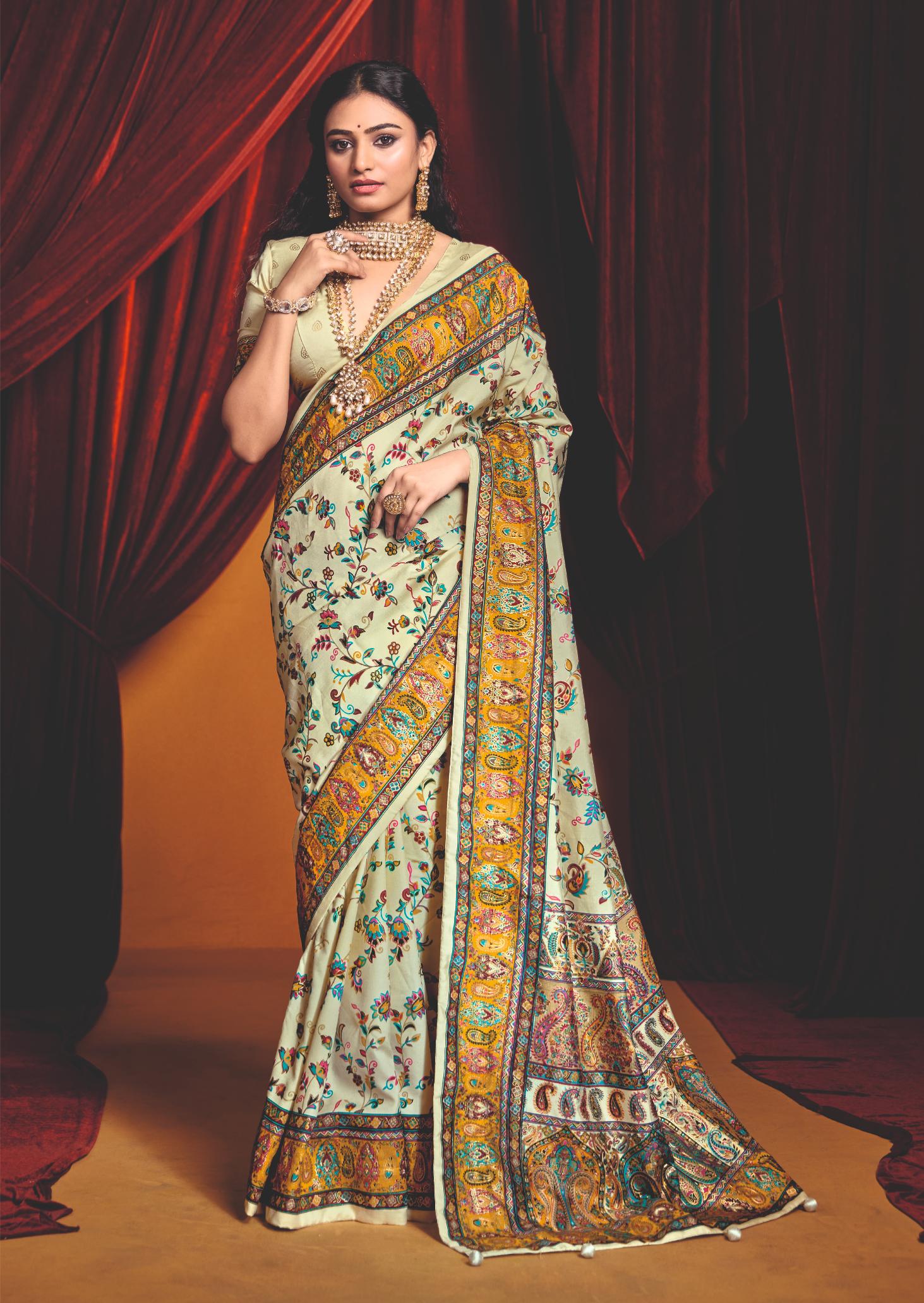 Off White Tussar Silk Paisley Print Saree