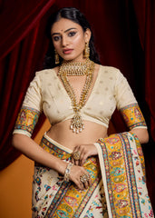 Off White Tussar Silk Paisley Print Saree