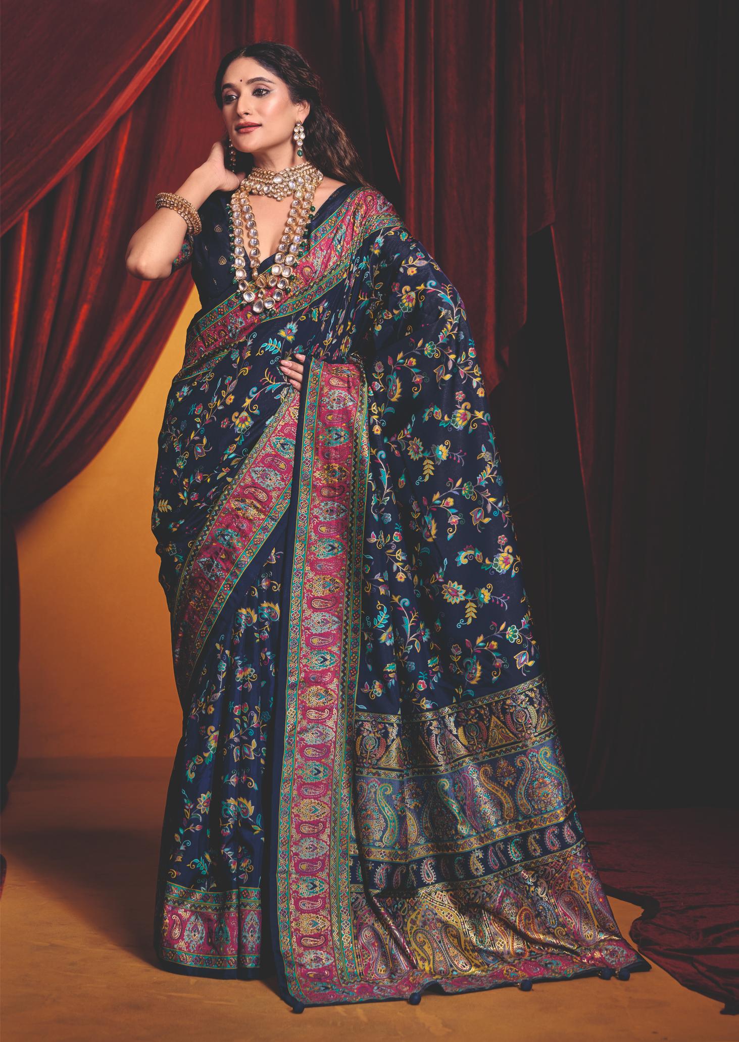 Navy Blue Tussar Silk Paisley Print Saree