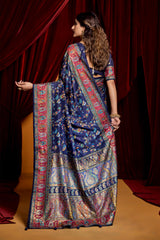 Navy Blue Tussar Silk Paisley Print Saree