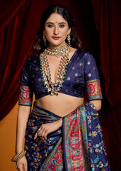 Navy Blue Tussar Silk Paisley Print Saree