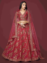 Lehenga Choli en filet brodé à paillettes rouges Dori