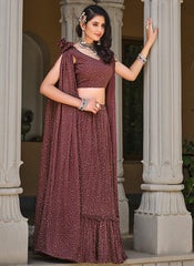 Lehenga Choli en georgette froissée à imprimé feuille marron