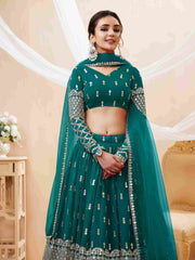 Lehenga Choli en filet brodé à paillettes bleu sarcelle
