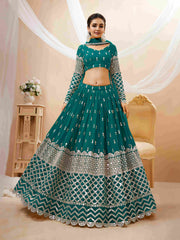 Lehenga Choli en filet brodé à paillettes bleu sarcelle