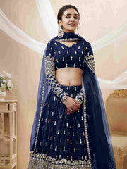 Lehenga Choli en filet brodé à paillettes bleu marine