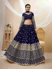 Lehenga Choli en filet brodé à paillettes bleu marine