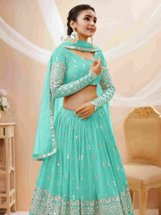 Lehenga Choli en filet brodé à paillettes bleu ciel