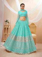 Lehenga Choli en filet brodé à paillettes bleu ciel