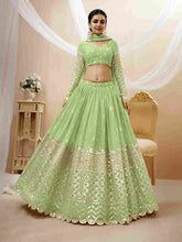 Lehenga Choli en filet brodé à paillettes vert pistache