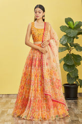 Lehenga Choli en filet imprimé jaune clair