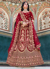 Lehenga Choli en filet brodé à paillettes de codage rouge cerise